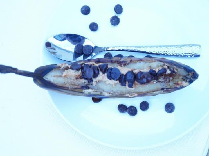 A paleo dessert worthy of every summer BBQ and cookout. Grilled bananas with peanut butter and chocolate morsels make a delicious, healthy and balanced dessert