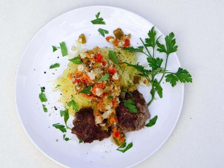 Super Easy Italian Meatballs and Giardiniera on Spaghetti Squash Recipe - gluten free, dairy free, grain free and delicious!