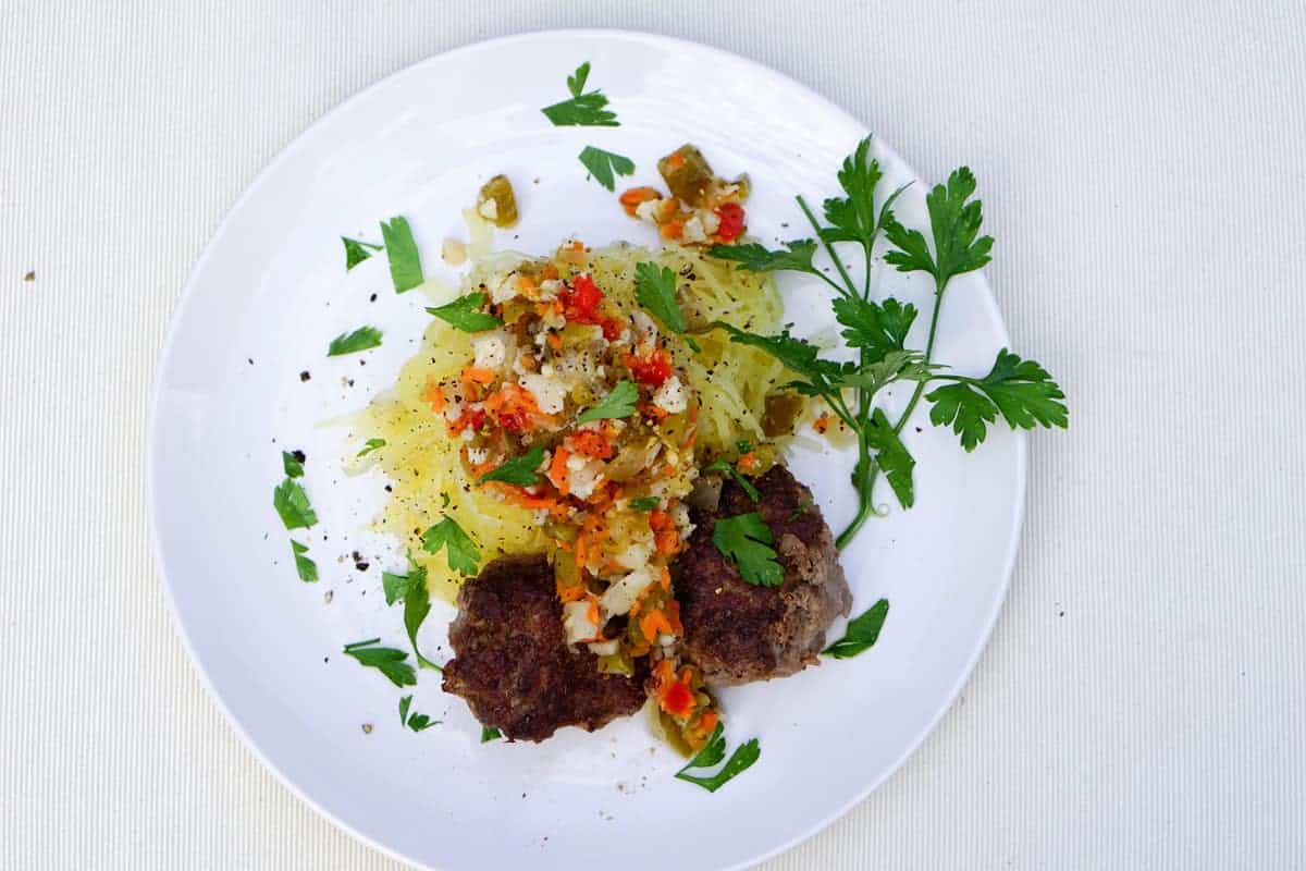 Super Easy Italian Meatballs and Giardiniera on Spaghetti Squash Recipe - gluten free, dairy free, grain free and delicious!