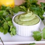 Simple 5 ingredient Creamy Avocado Cilantro Sauce Recipe makes a great Paleo or Whole 30 salad dressing or side sauce that's gluten free and dairy free.