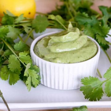 Simple 5 ingredient Creamy Avocado Cilantro Sauce Recipe makes a great Paleo or Whole 30 salad dressing or side sauce that's gluten free and dairy free.