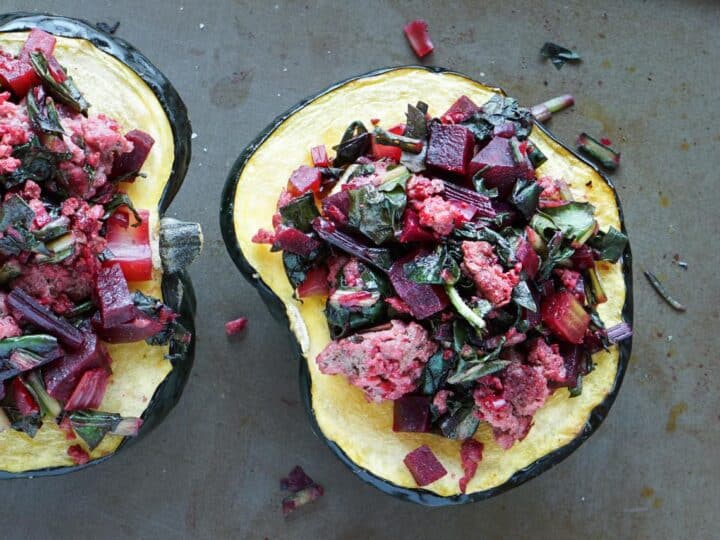 A healthy paleo and whole 30 friendly dinner idea: Beet, Dandelion and Grass-Fed Beef Stuffed Acorn Squash recipe full of protein,vegetables and greens