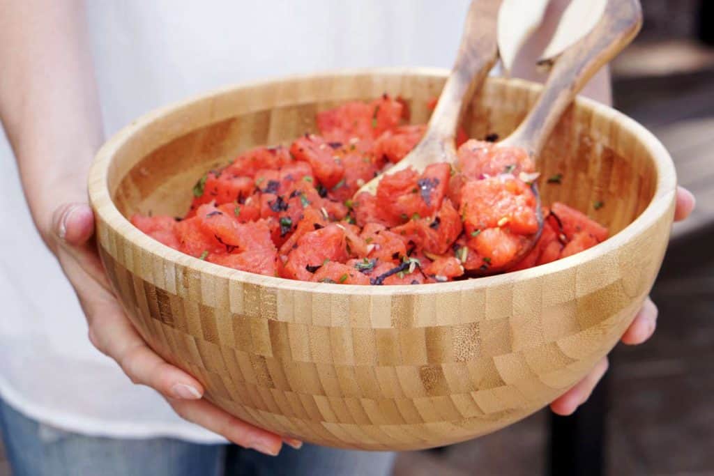 Fresh garden herbs and juicy watermelon make this savory watermelon basil salad recipe a perfect side dish for hot summer days. Dairy, Grain, Gluten Free + Vegan