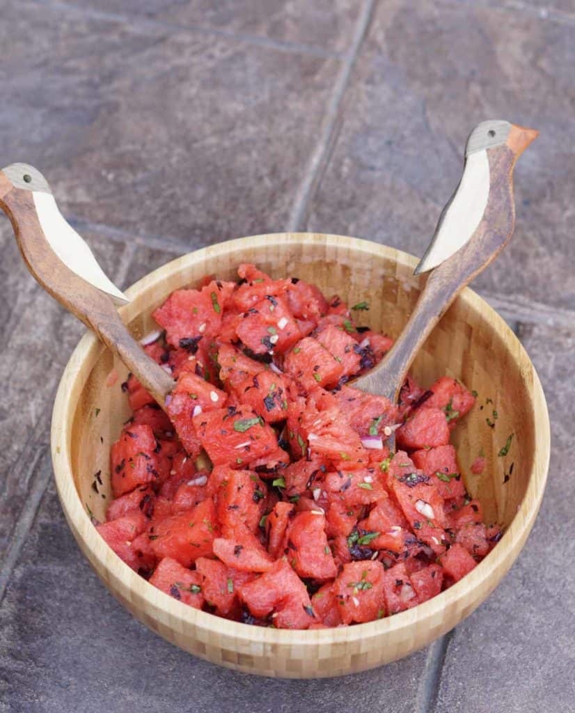Fresh garden herbs and juicy watermelon make this savory watermelon basil salad recipe a perfect side dish for hot summer days. Dairy, Grain, Gluten Free + Vegan