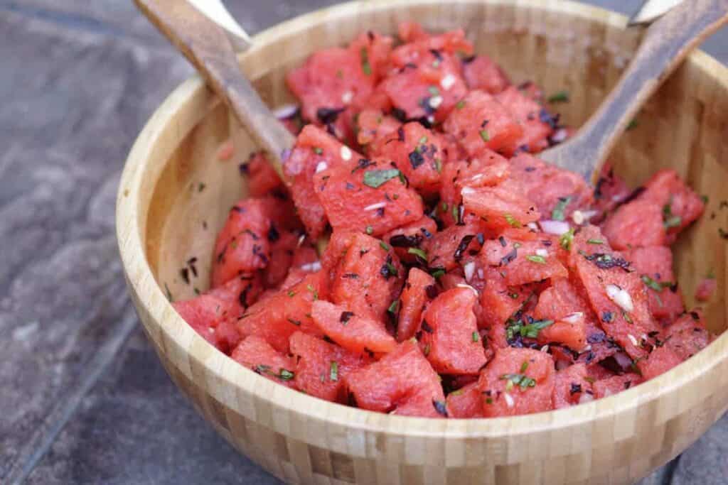 Fresh garden herbs and juicy watermelon make this savory watermelon basil salad recipe a perfect side dish for hot summer days. Dairy, Grain, Gluten Free + Vegan