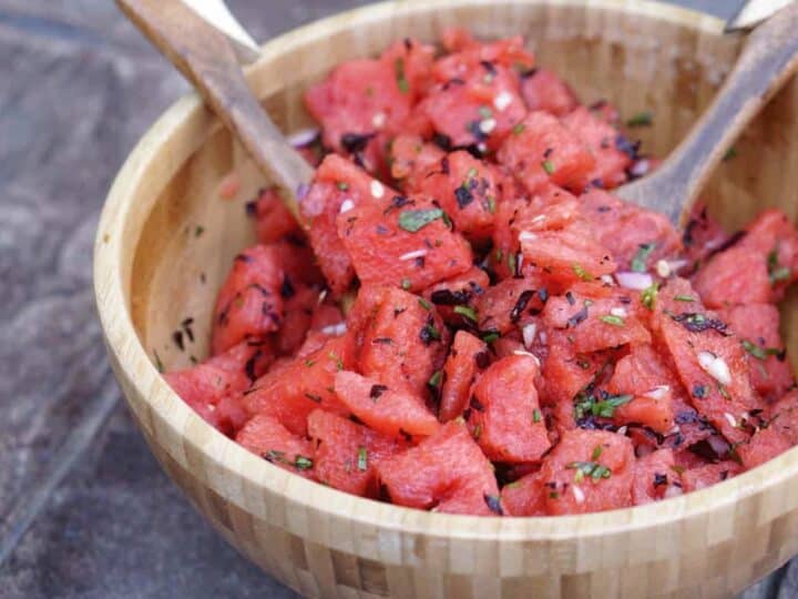 Fresh garden herbs and juicy watermelon make this savory watermelon basil salad recipe a perfect side dish for hot summer days. Dairy, Grain, Gluten Free + Vegan
