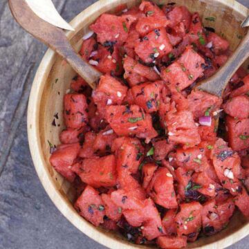 Fresh garden herbs and juicy watermelon make this savory watermelon basil salad recipe a perfect side dish for hot summer days. Dairy, Grain, Gluten Free + Vegan