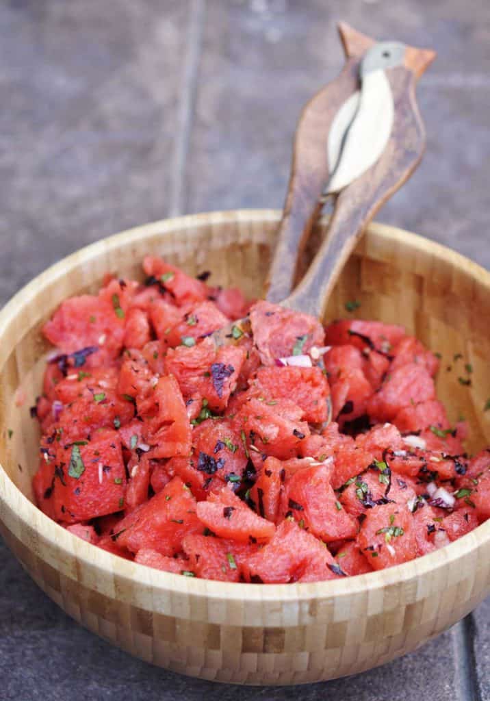 Fresh garden herbs and juicy watermelon make this savory watermelon basil salad recipe a perfect side dish for hot summer days. Dairy, Grain, Gluten Free + Vegan