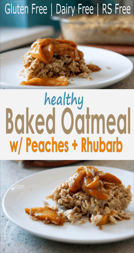 This easy egg alternative will save time in the mornings. Gluten free, dairy free, refined sugar free, paleo and vegan healthy baked oatmeal made with peaches and rhubarb recipe with just enough cinnamon and nutmeg.