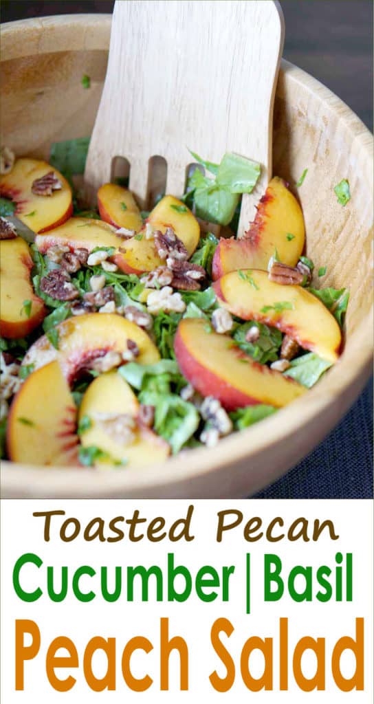 Juicy summer peaches and fall inspired toasted pecans make this This toasted pecan, cucumber, basil, and peach salad super fresh and perfect for dinner. Healthy, gluten free, dairy free, sugar free