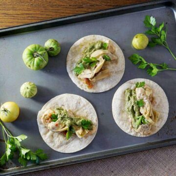 quick and easy tacos, made with hummus, salsa, and marinated artichoke hearts. Quick and easy meatless monday meal