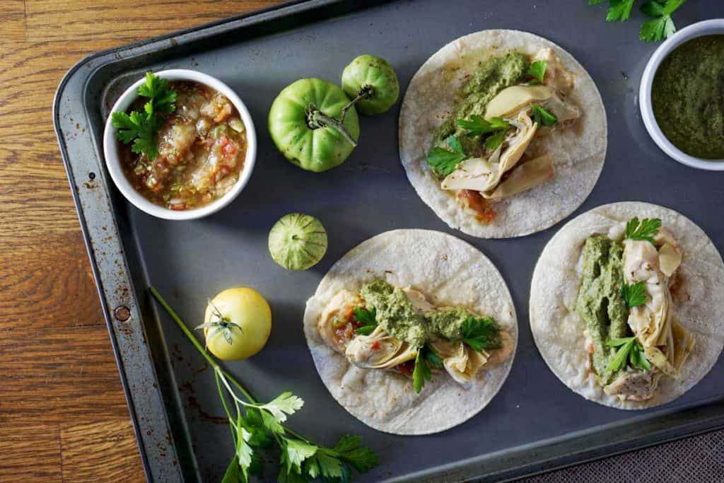 homemade salsas and carrot top pesto falvor these vegan artichoke hummus tacos with carrot top pesto
