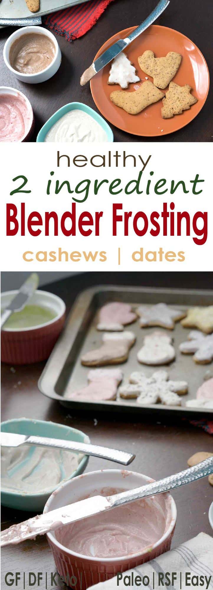 Finally, a cut-out cookie frosting without powdered sugar! With just 2 ingredients, this healthy, paleo and naturally colored blender frosting is ready in just minutes. #glutenfree #dairyfree #paleo #keto #sugarfree #frosting