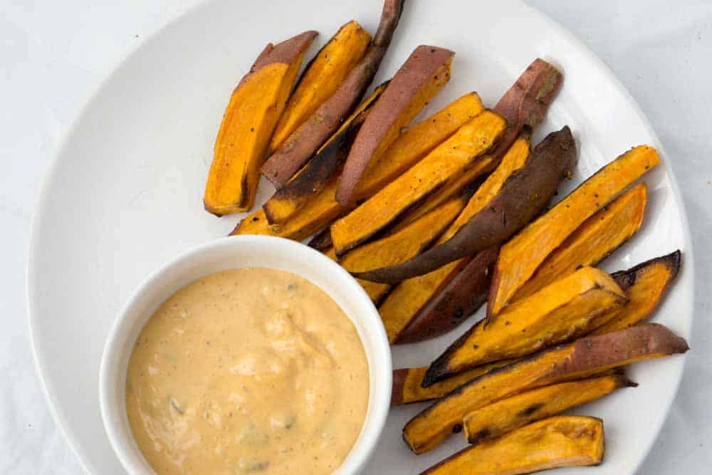 Roasted Sweet Potato Fries served with spicy aioli sauce