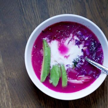 Beautifully Pink Bone Broth Bowl with cucumber, radish, cabbage, and beet