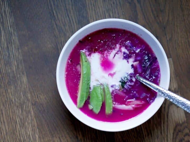 Beautifully Pink Bone Broth Bowl with cucumber, radish, cabbage, and beet