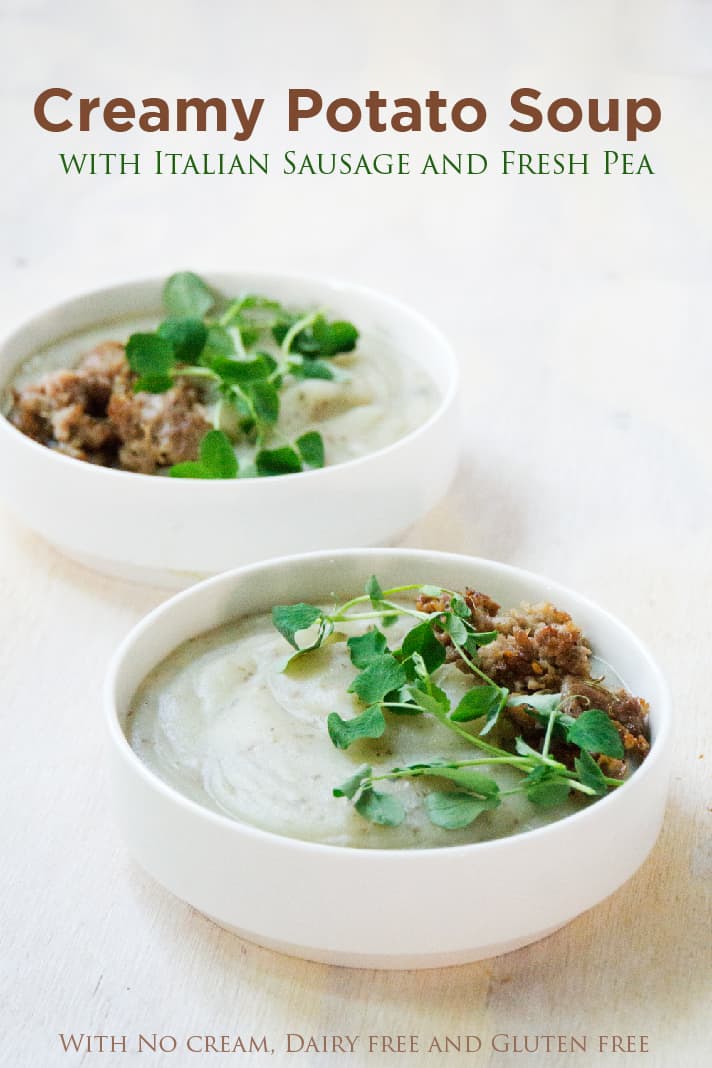 Creamy potato soup with Italian sausage and pea sprouts is savory, creamy, full of gut healing nutrients, perfect for when your craving carbs yet want to be healthy.