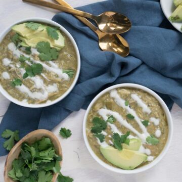 White chili with crema, avocado and cilantro