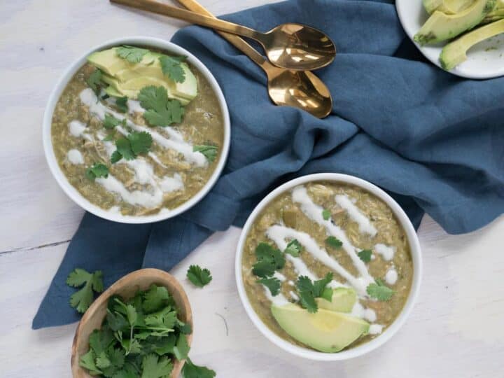 White chili with crema, avocado and cilantro