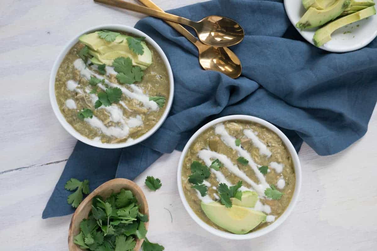 White chili with crema, avocado and cilantro