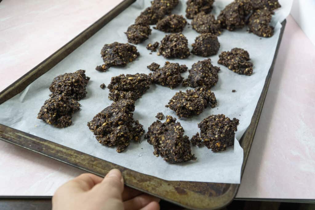 Holding a tray of Dark Chocolate Peppermint No Bake Cookies