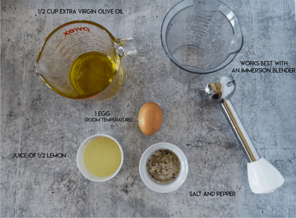 Aioli Ingredients" egg, lemon juice, ovile oil and salt and pepper