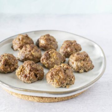 side angle of bison jicama meatballs on white plate
