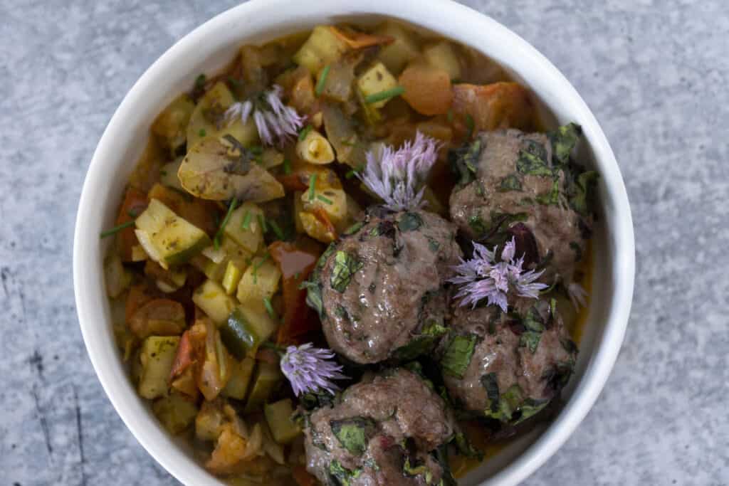 Cucumber Ratatouille with Beet Green Meatballs