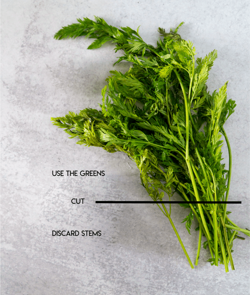 Diagram showing how to cut carrot top greens and discard stems
