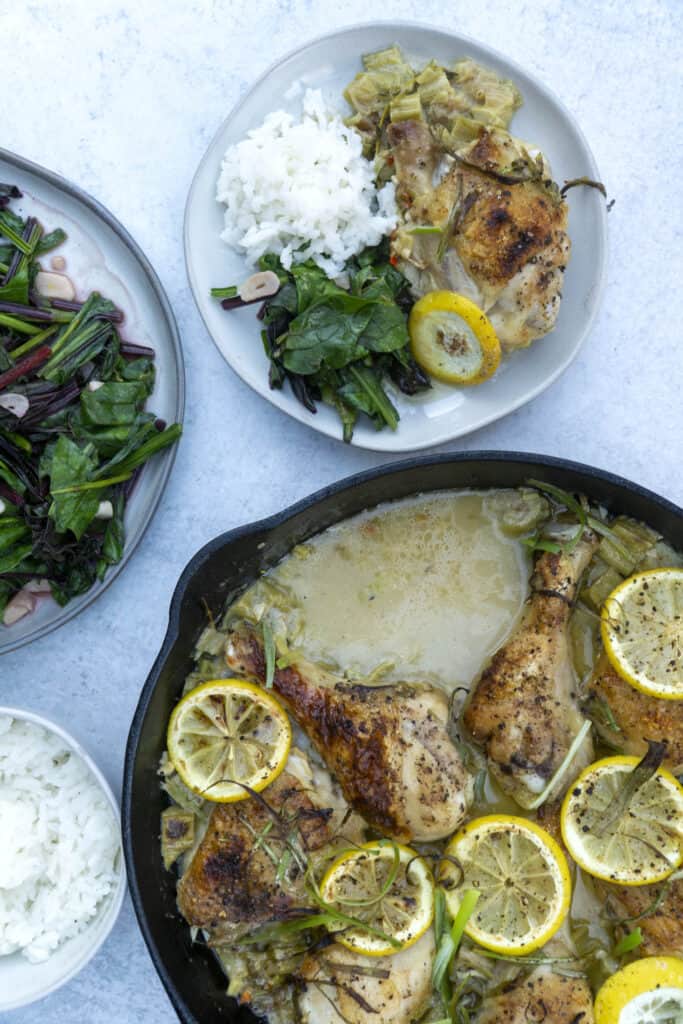 Plates of Rhubarb Chicken, Garlic wilted beets and white rice