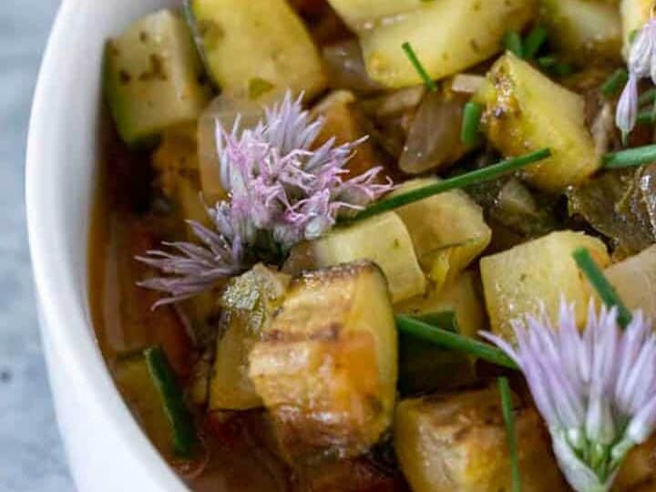 Cucumber Ratatouille with chive blossoms